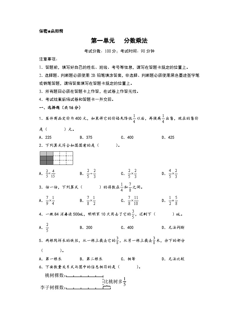 第一单元   分数乘法-2022-2023学年六年级数学上册单元考点梳理与精炼配套检测卷（A4版）（人教版）第1页