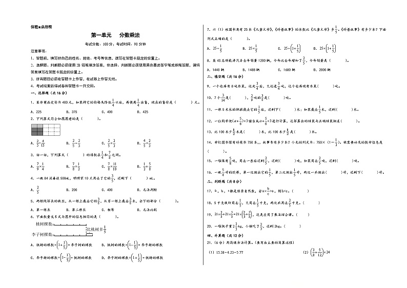 第一单元   分数乘法-2022-2023学年六年级数学上册单元考点梳理与精炼配套检测卷（A3版）（人教版）第1页