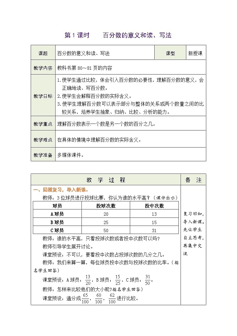 6.1 百分数的意义和读、写法（教案）人教版六年级上册数学01