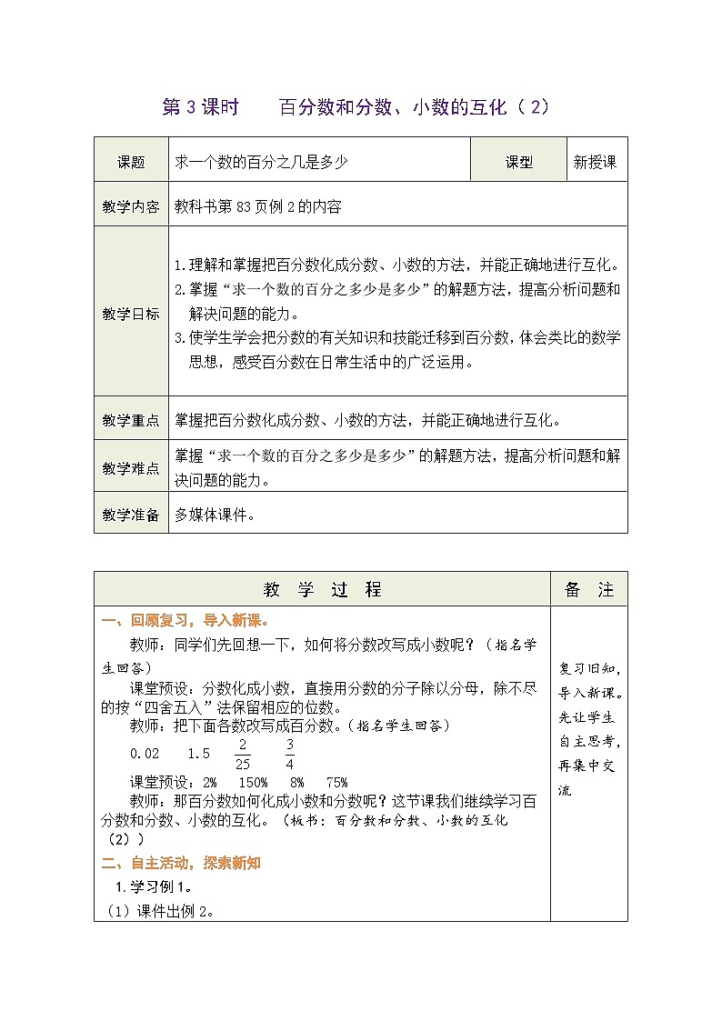 6.3 百分数和分数、小数的互化（2）（教案）人教版六年级上册数学01