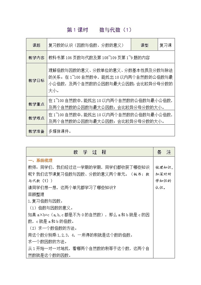 总复习 数与代数（1）（教案）北师大版五年级上册数学01