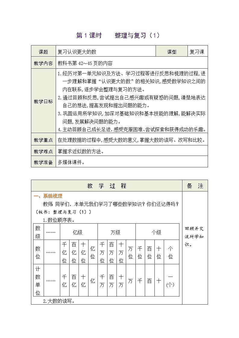 整理与复习（1）（教案）北师大版四年级上册数学第1页