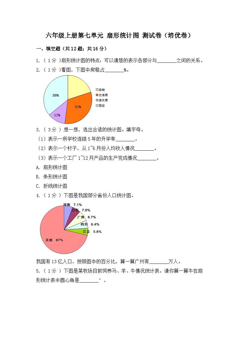 【精品单元卷】第七单元 扇形统计图（培优卷）-六年级上册数学单元测试卷 人教版（含答案）01