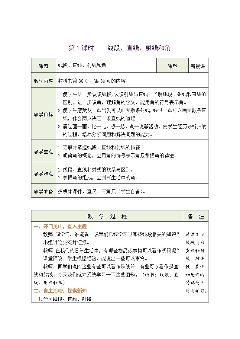 3.1 线段、直线、射线和角（教案）人教版四年级上册数学01
