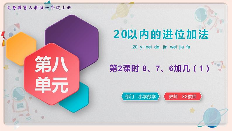 【最新教材插图】人教版小学一年级数学上册第八单元第二课时《8、7、6加几（1）》精品课件01