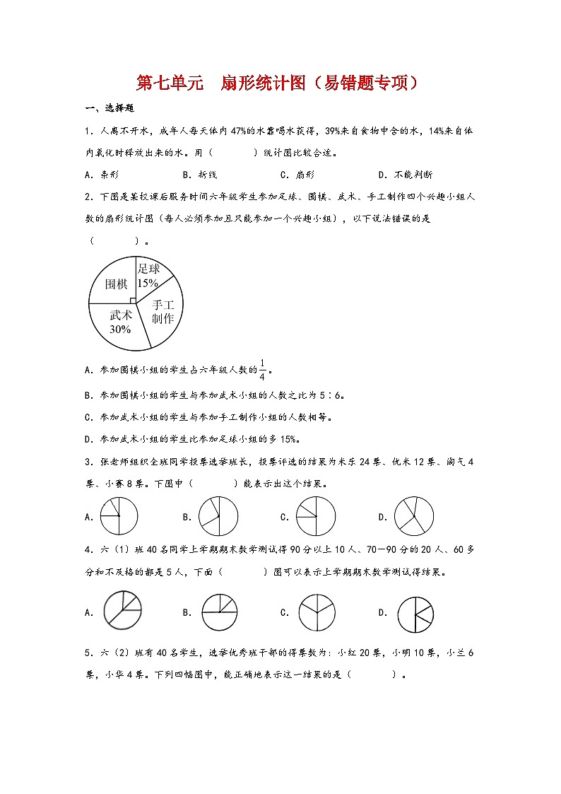 第七单元  扇形统计图（易错题专项）-2023-2024学年六年级数学上册重难点易错题之讲练测（人教版）第1页
