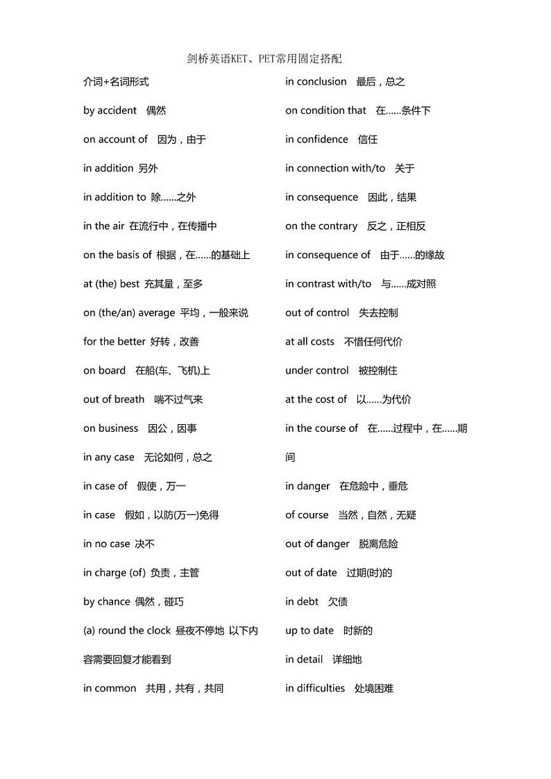 剑桥五级KET、PET常用固定搭配 学案01