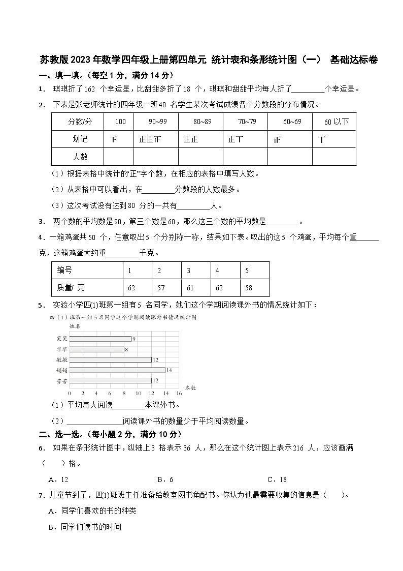 苏教版2023年数学四年级上册第四单元 统计表和条形统计图（一） 基础达标卷第1页