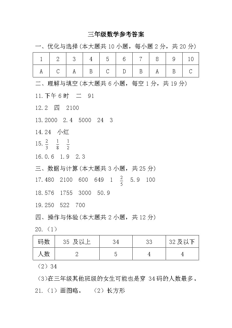 江苏省连云港市东海县2022-2023学年三年级下学期期末考试数学试题参考答案第1页