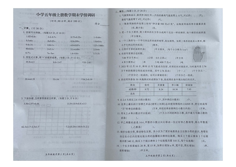 江苏省徐州市铜山区2022-2023学年五年级上学期数学期末学情调研 试卷01