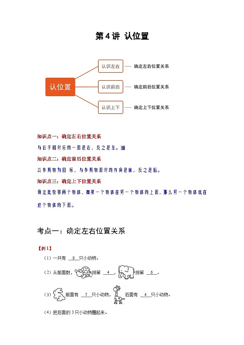 【期中复习】苏教版数学一年级上册--第4讲《认位置》复习讲义（教师版）第1页