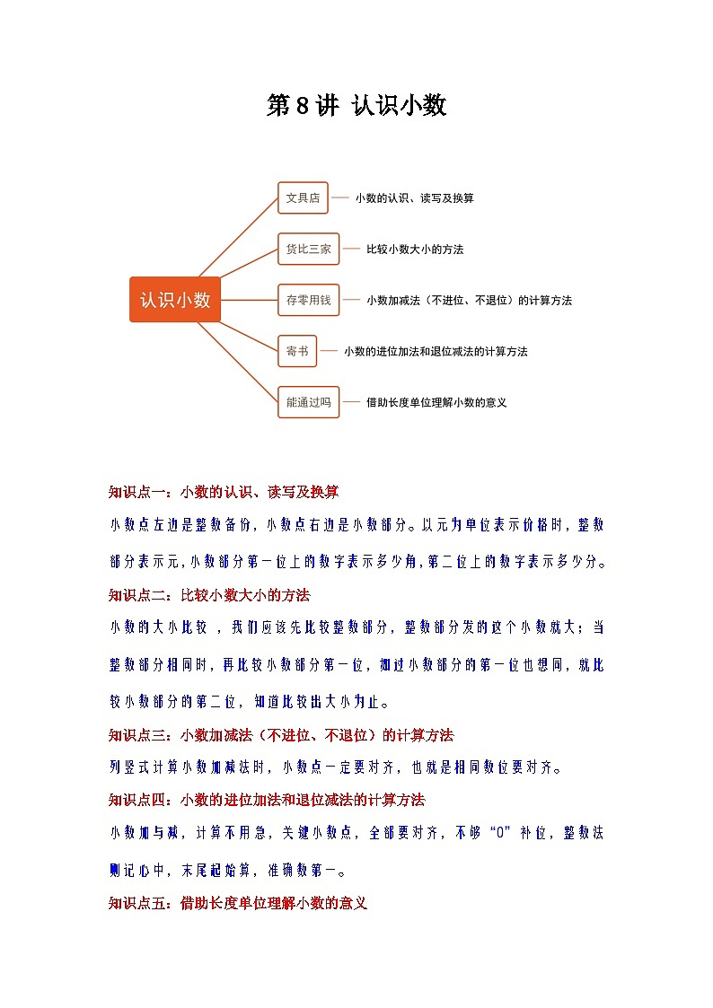 【单元复习】北师大版数学三年级上册--第8讲《认识小数》知识点+考点讲义（教师版）第1页