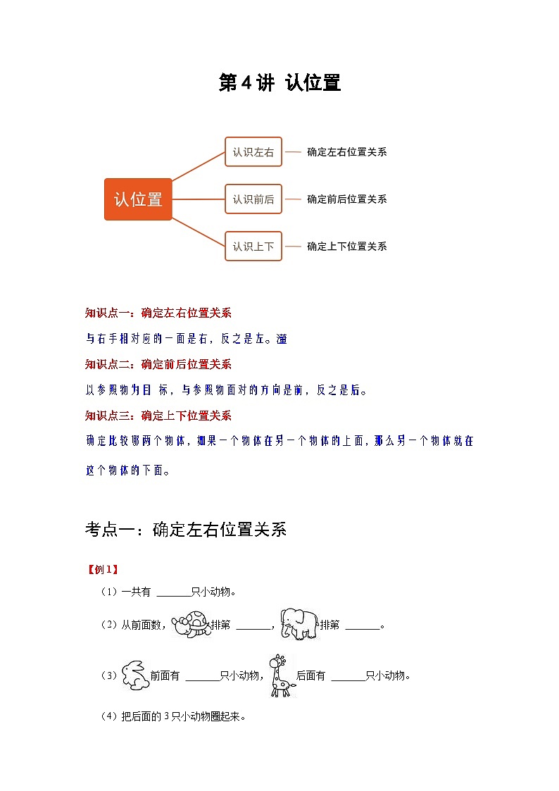【单元复习】苏教版数学一年级上册--第4讲《认位置》知识点+考点讲义（教师版+学生版）.zip01
