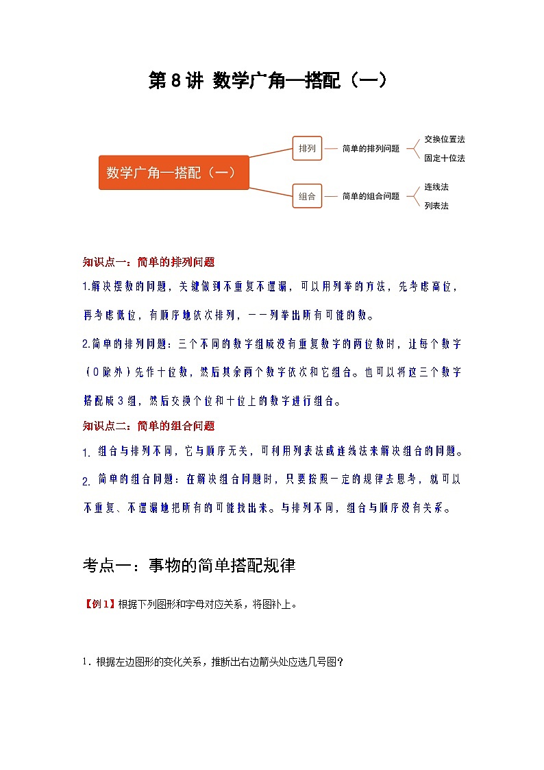【单元复习】人教版数学二年级上册--第8讲《数学广角—搭配（一）》知识点+考点讲义（教师版+学生版）.zip01