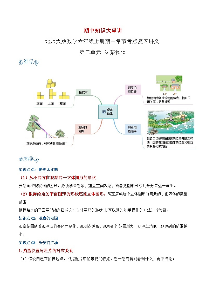 【期中复习】北师大版数学六年级上册--第三单元《观察物体》复习讲义（原卷）第1页