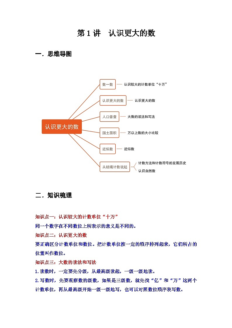 【期中复习】北师大版数学四年级上册--第1讲《认识更大的数》知识点讲义（教师版+学生版）.zip01