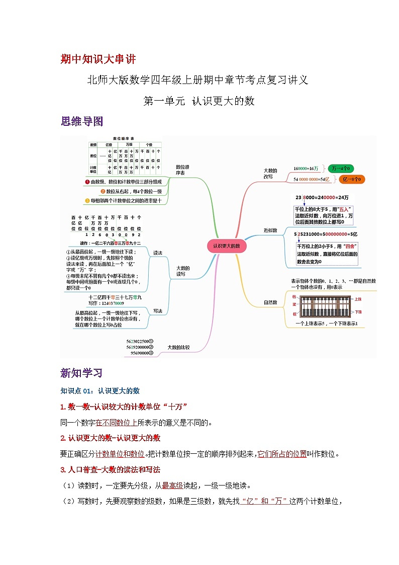 【期中复习】北师大版数学四年级上册--第一单元《认识更大的数》复习讲义（原卷版+解析版）.zip01