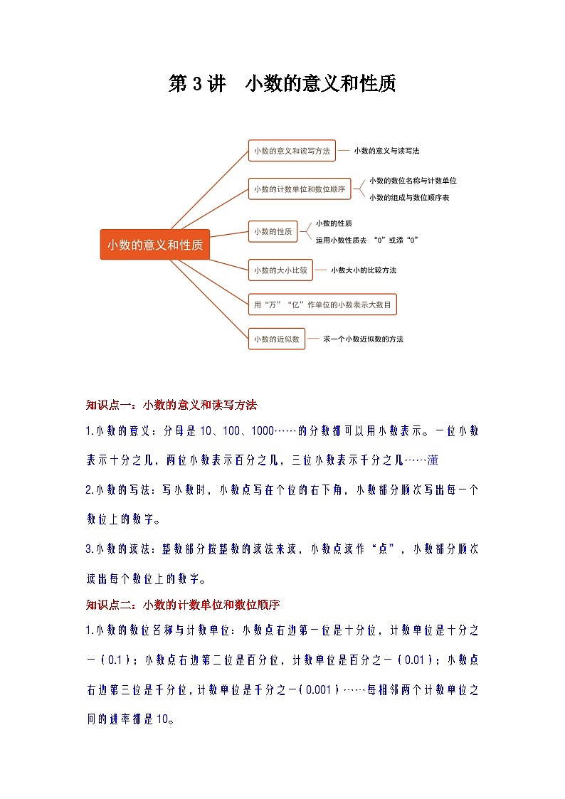 【期中复习】苏教版数学五年级上册--第3讲《小数的意义和性质》复习讲义（教师版+学生版）.zip01