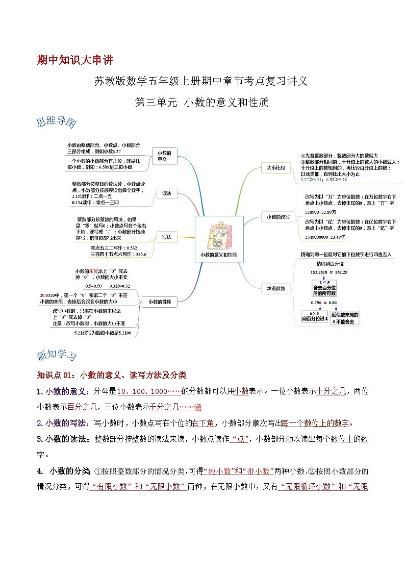 【期中复习】苏教版数学五年级上册--第三单元《小数的意义和性质》考点讲义（原卷版+解析版）.zip01