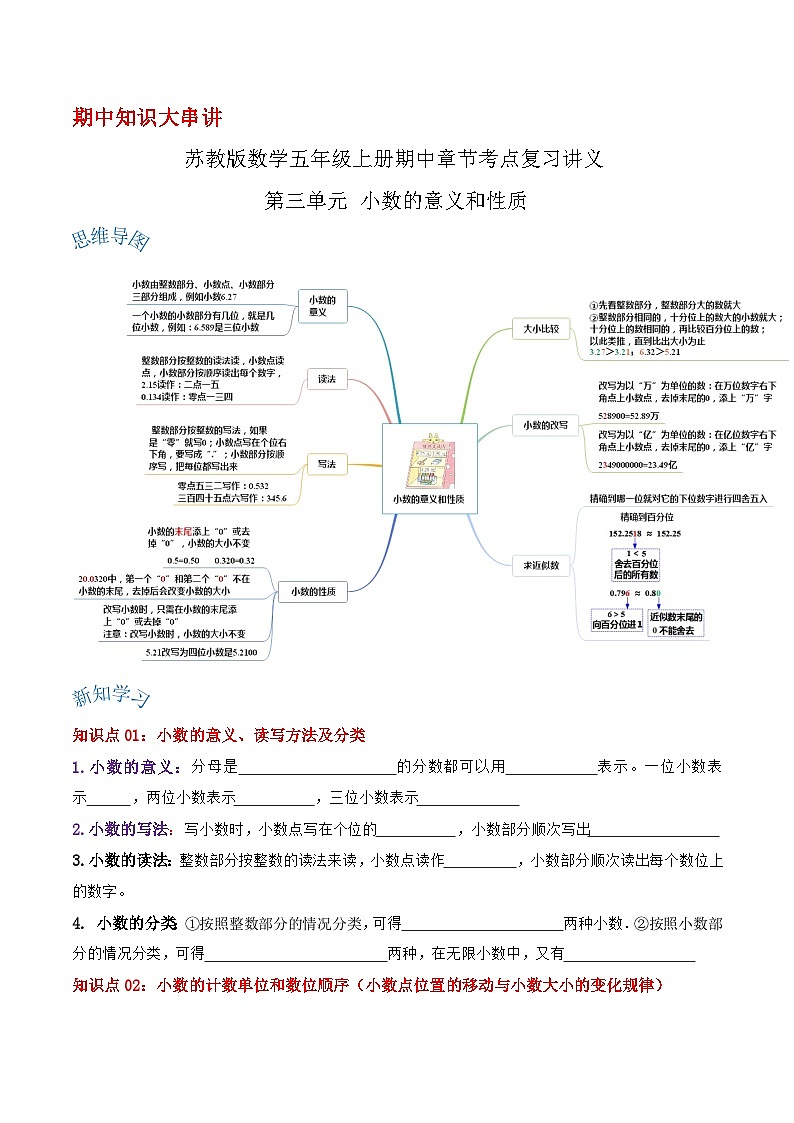 【期中复习】苏教版数学五年级上册--第三单元《小数的意义和性质》考点讲义（原卷版+解析版）.zip01