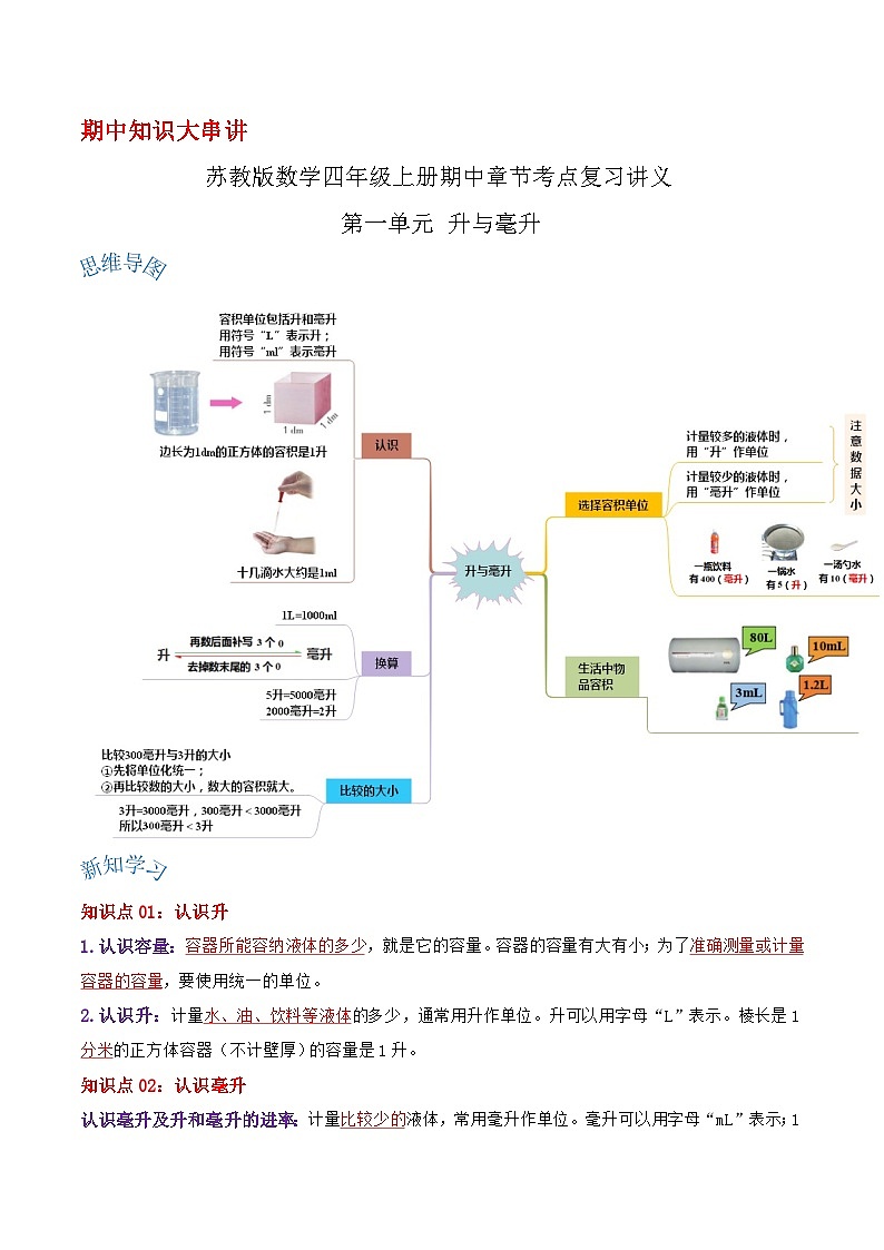 【期中复习】苏教版数学四年级上册--第一单元《升与毫升》考点讲义（原卷版+解析版）.docx.zip01