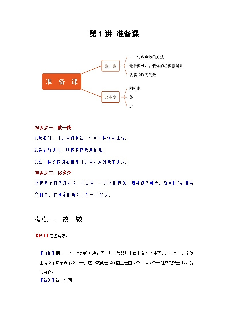 【期中复习】人教版数学一年级上册--第1讲《准备课》知识点+考点讲义（教师版+学生版）.zip01