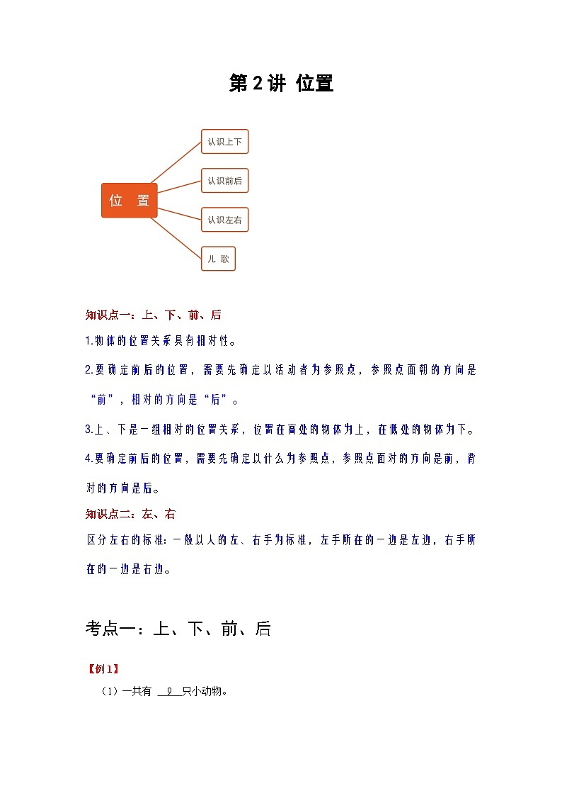 【期中复习】人教版数学一年级上册--第2讲《位置》知识点+考点讲义（教师版+学生版）.zip01