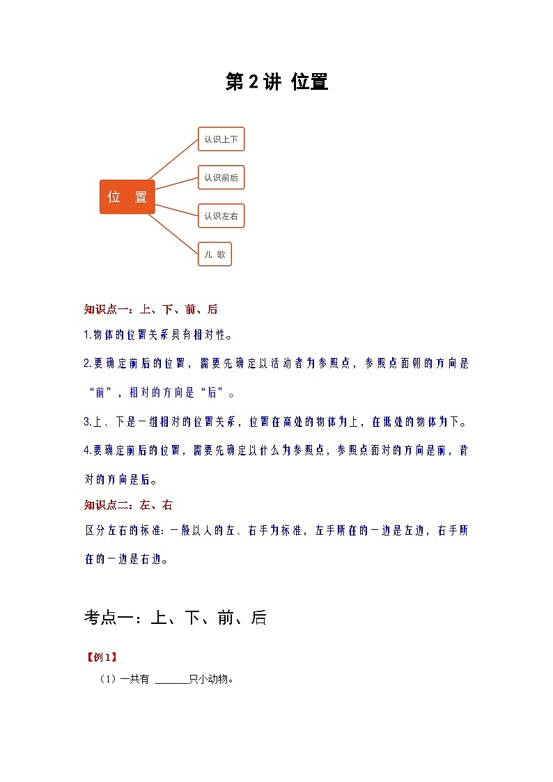 【期中复习】人教版数学一年级上册--第2讲《位置》知识点+考点讲义（教师版+学生版）.zip01
