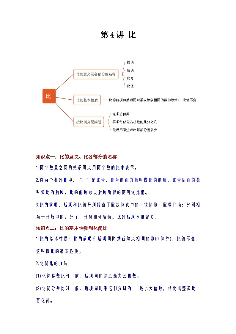 【单元复习】人教版数学六年级上册--第4讲《比》知识点+考点讲义（教师版）第1页