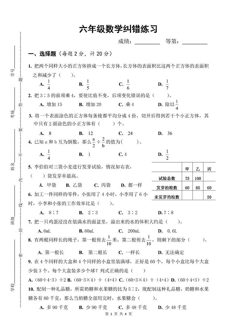 六年级数学纠错练习试题第1页