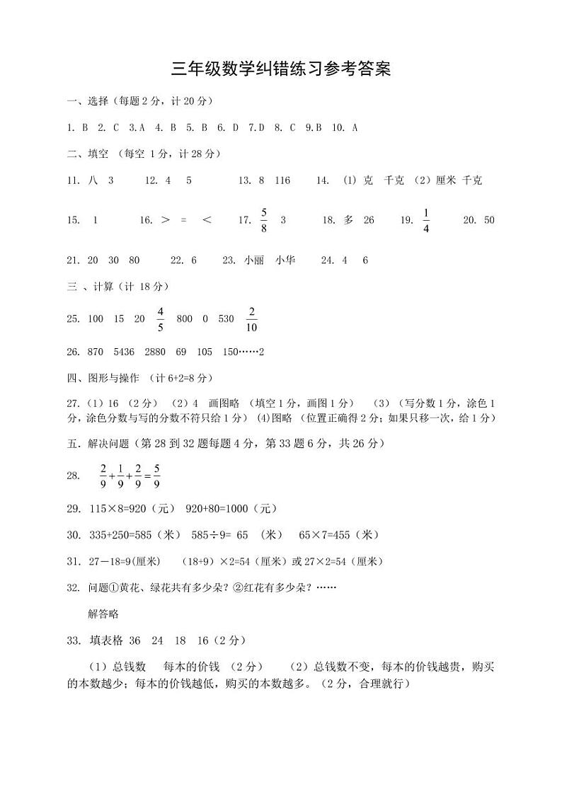 三年级数学纠错练习答案第1页