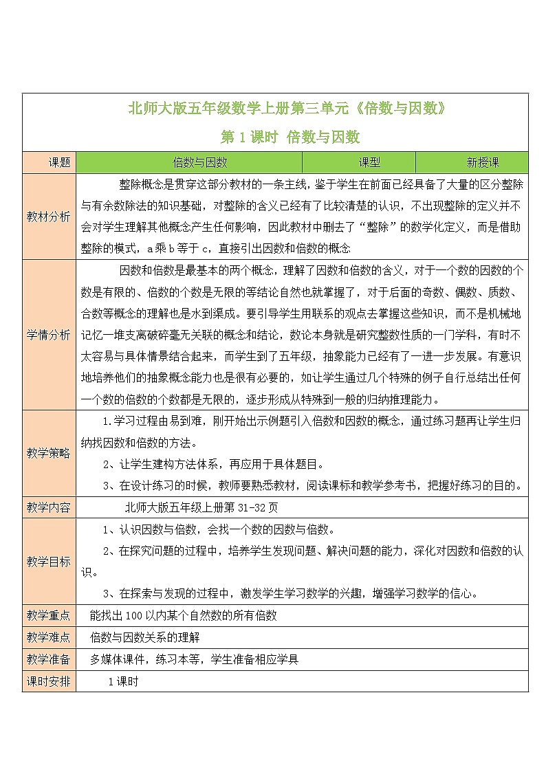 北师大版五年级数学上册第三单元《倍数与因数》教案01
