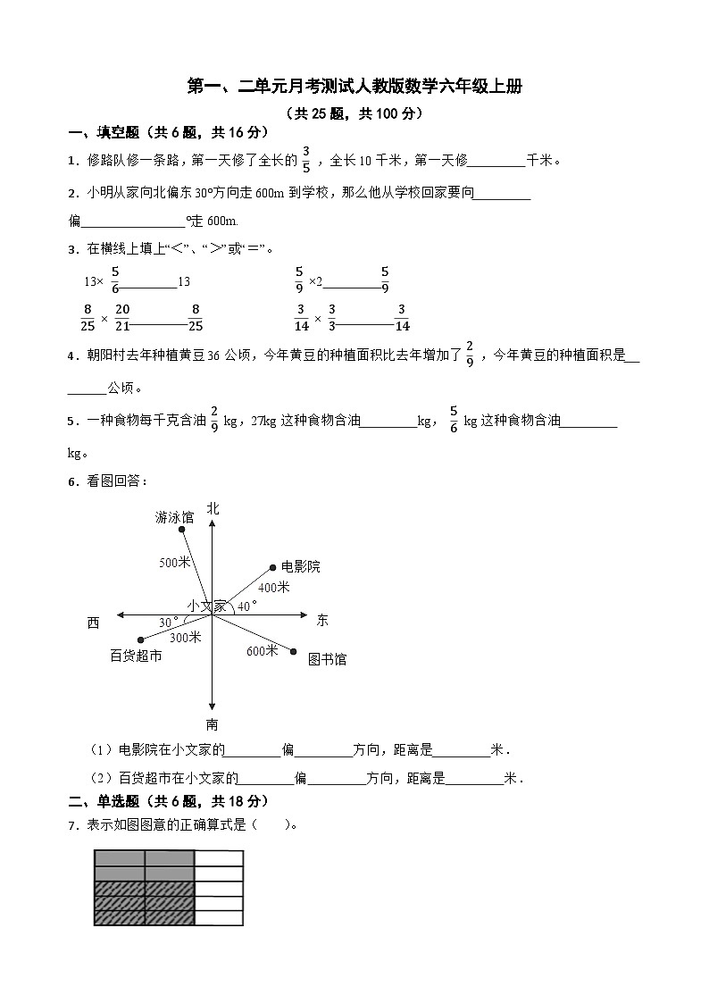 第一、二单元月考测试（月考）-六年级上册数学人教版第1页