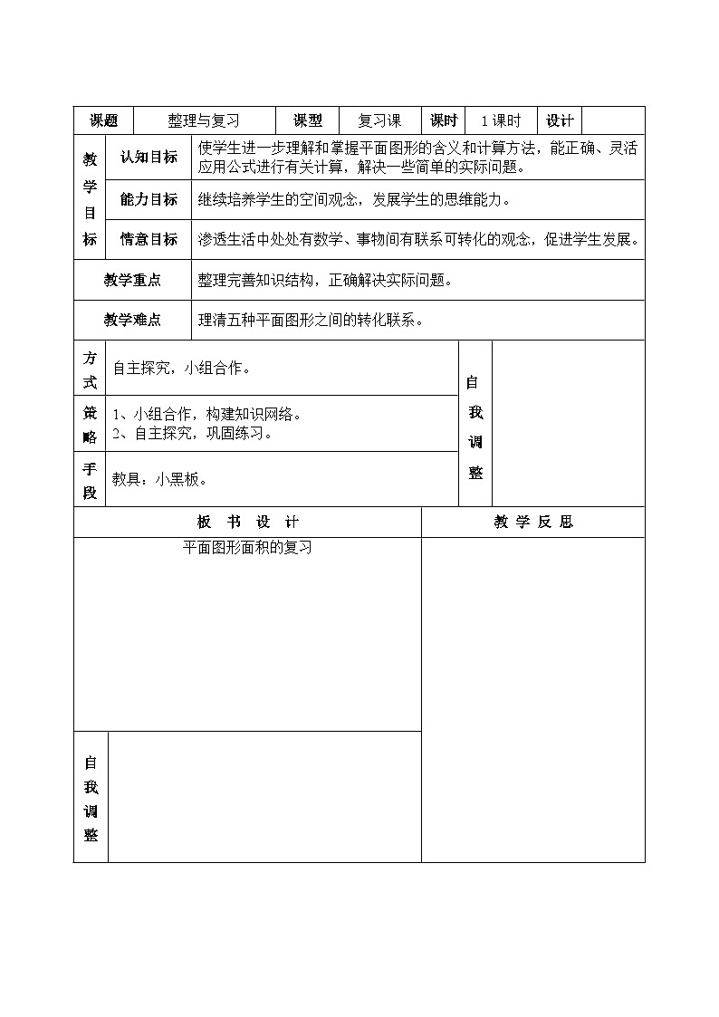 人教版五年级上册数学  多边形的面积整理复习表格式教案第1页