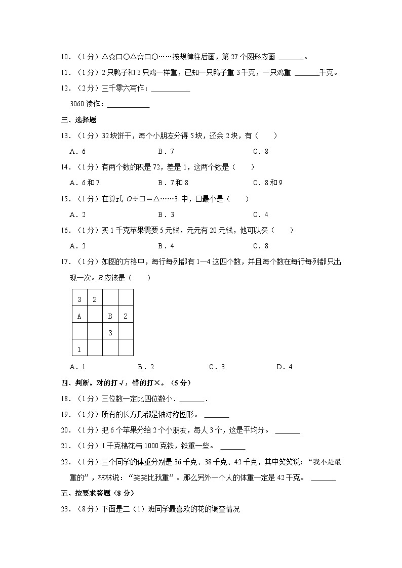 2022-2023学年河南省南阳市西峡县二年级下学期期末数学试卷（含解析）第2页
