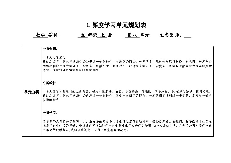 人教版五年级数学上册第八单元表集体备课教案第1页