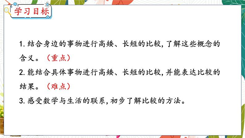 第1单元 第1课时 比高矮、长短 冀教数学一年级上册【教学课件】第2页