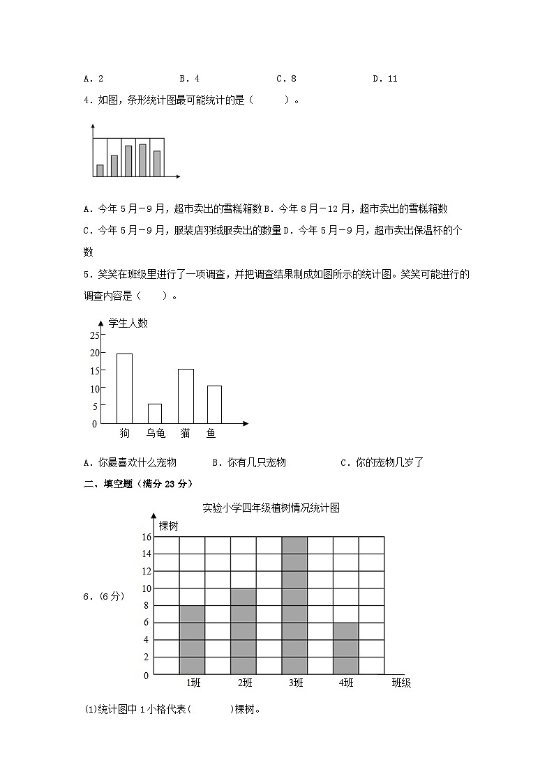 人教版四年级数学上册【单元AB卷】四年级上册数学分层训练A卷-第七单元 条形统计图（单元测试） （人教版，含答案）02
