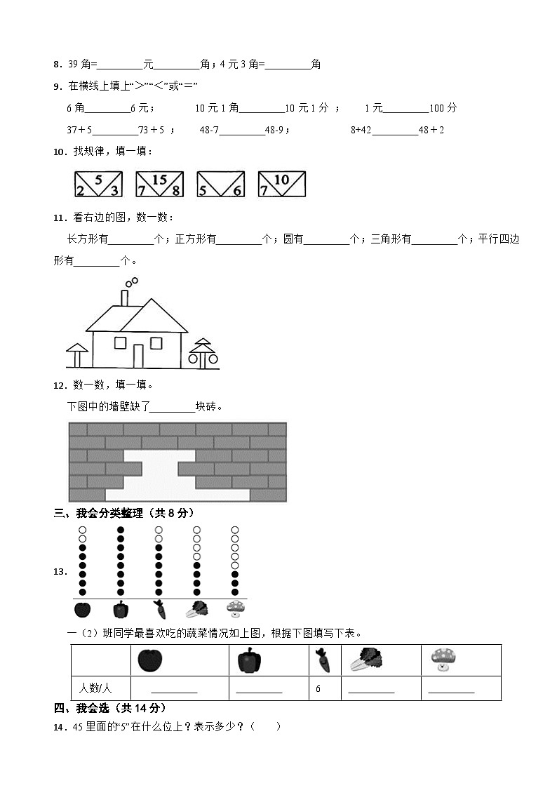 湖南省株洲市茶陵县2020-2021学年一年级下学期数学期末检测试卷02