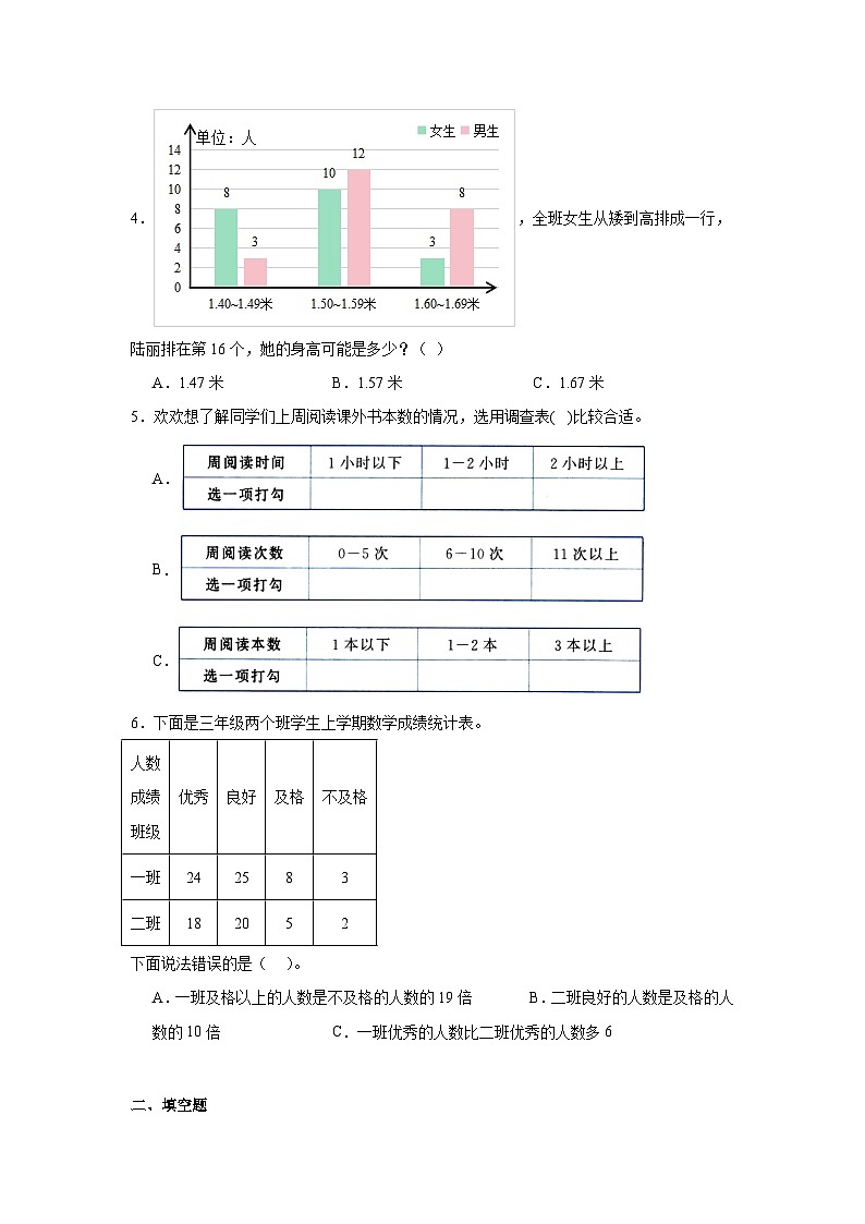 6.统计表和条形统计图（二）随堂练习-苏教版数学五年级上册第2页