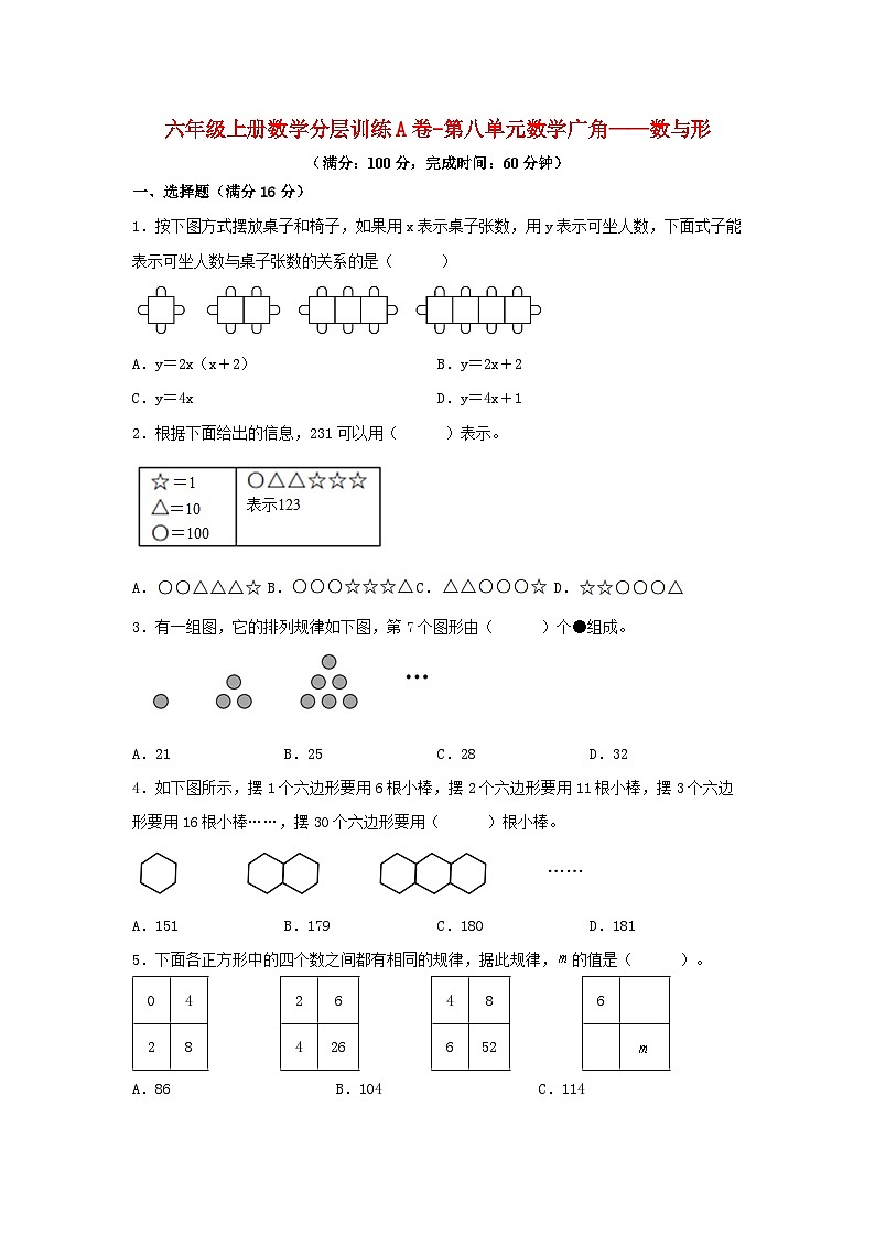 人教版六年级数学上册【单元AB卷】六年级上册数学分层训练A卷-第八单元 数学广角——数与形（单元测试） （人教版，含答案）第1页