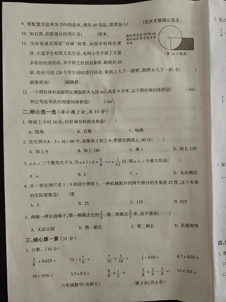陕西省榆林市榆阳区芹河镇中心小学2022-2023学年六年级下学期数学期末学情监测试题02