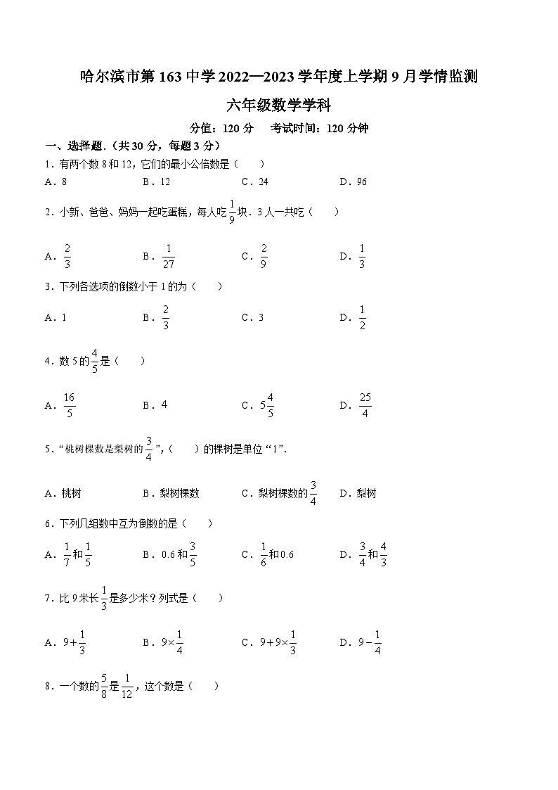 黑龙江省哈尔滨市第一六三中学校2023-2024学年六年级上学期9月月考数学试题第1页