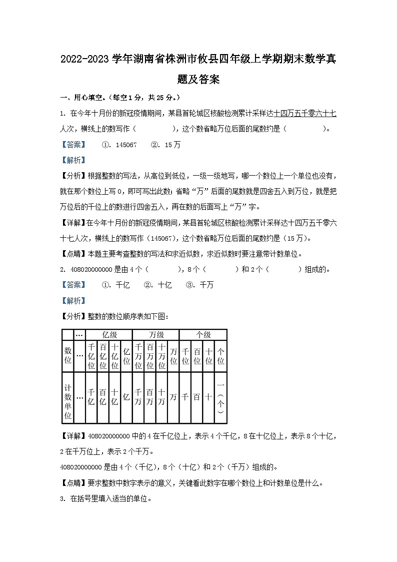 2022-2023学年湖南省株洲市攸县四年级上学期期末数学真题及答案第1页