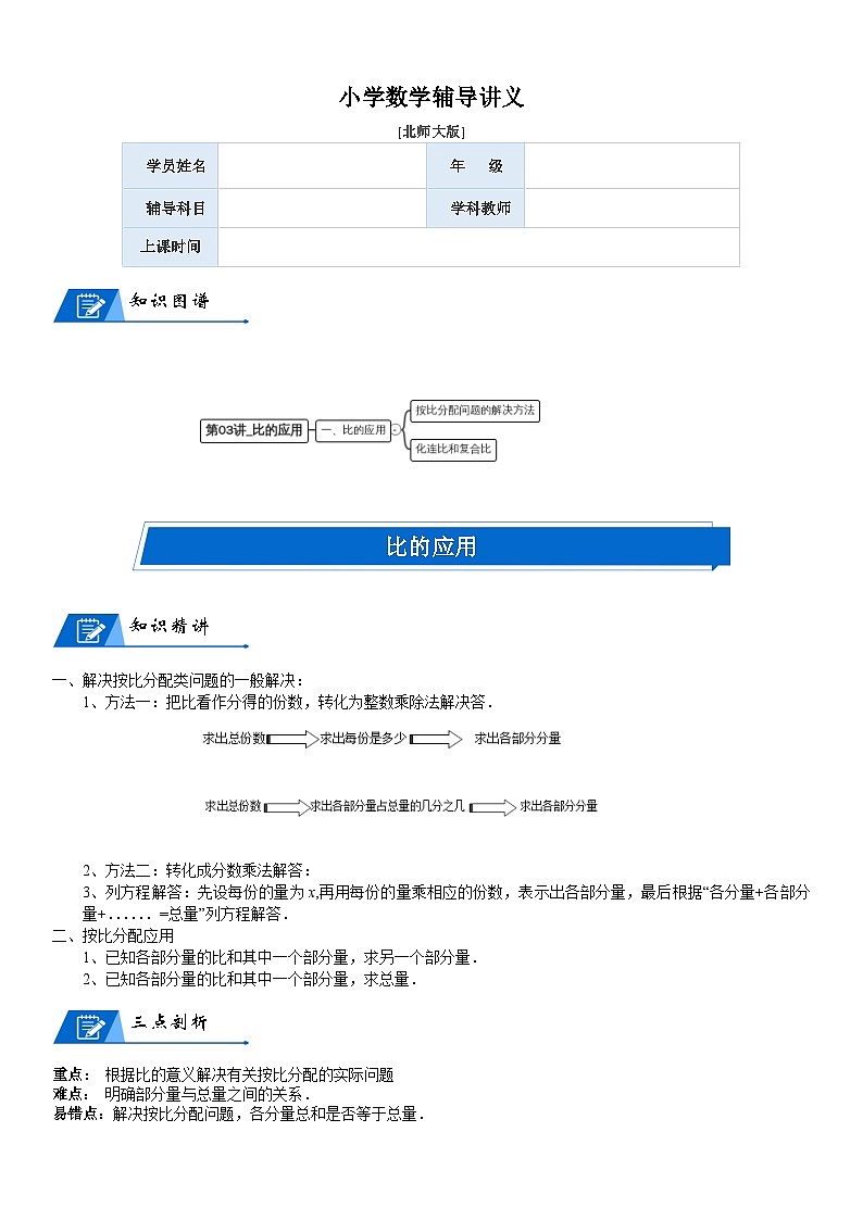 北师大版六年级数学上册第6单元 比的认识_第03讲_比的应用(教师版) 试卷01
