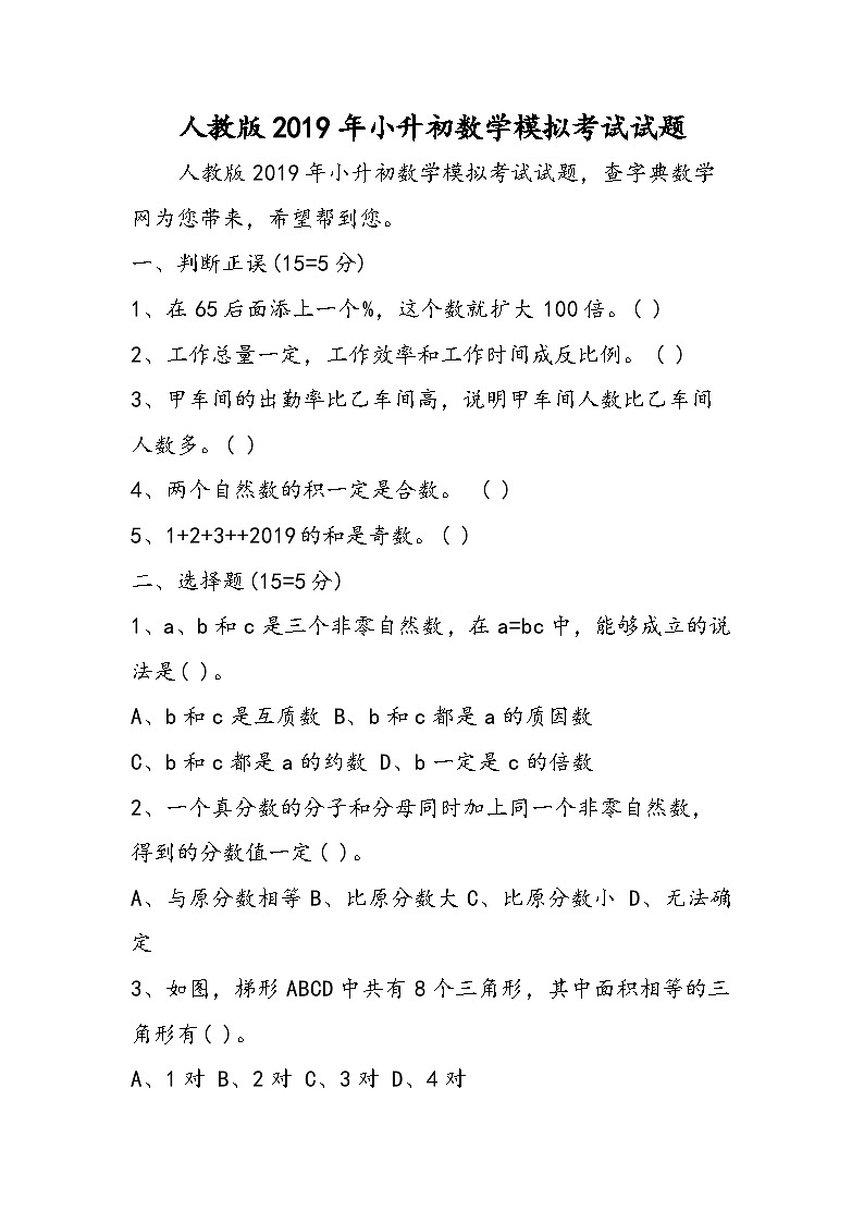 人教版小升初数学模拟考试试题01