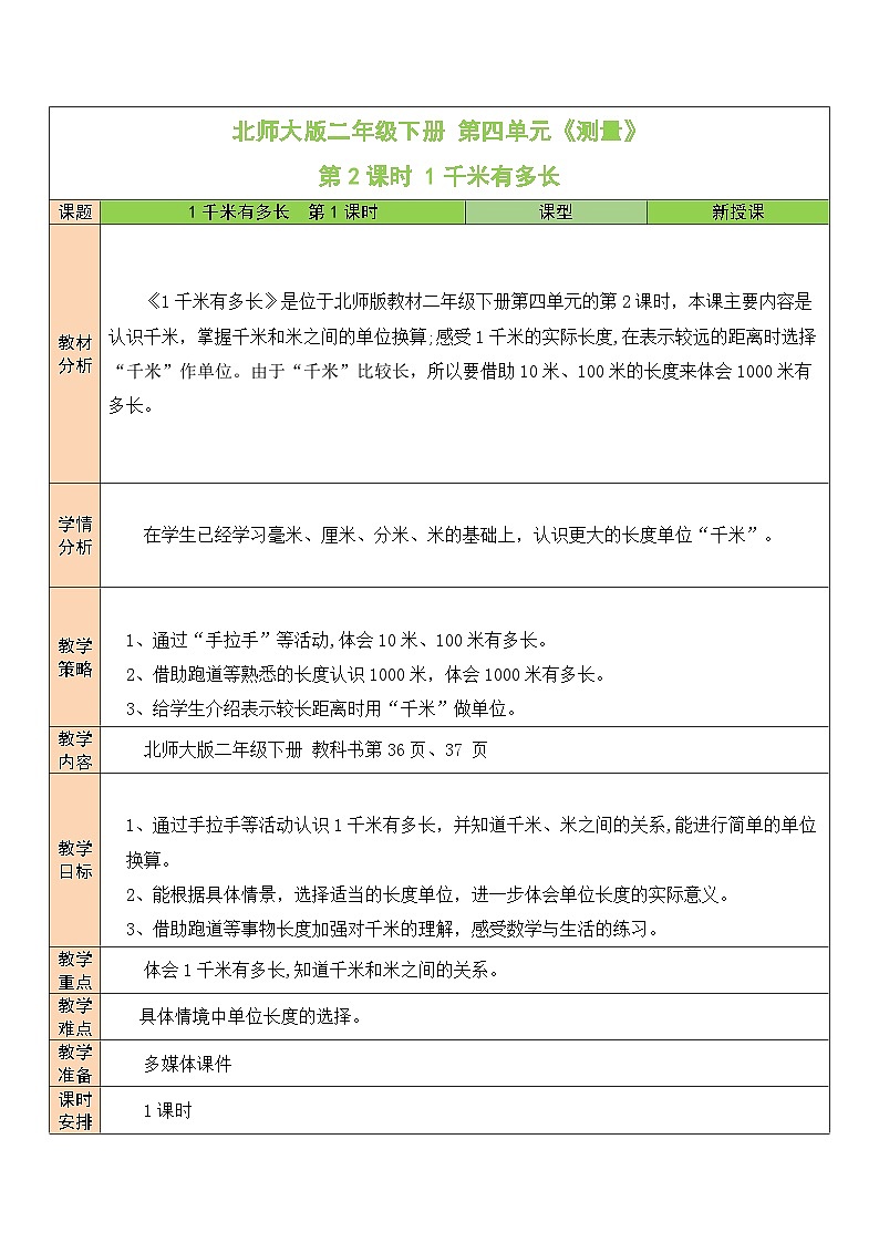 北师大版二年级数学下册第四单元《测量》第二课时 1千米有多长第1页