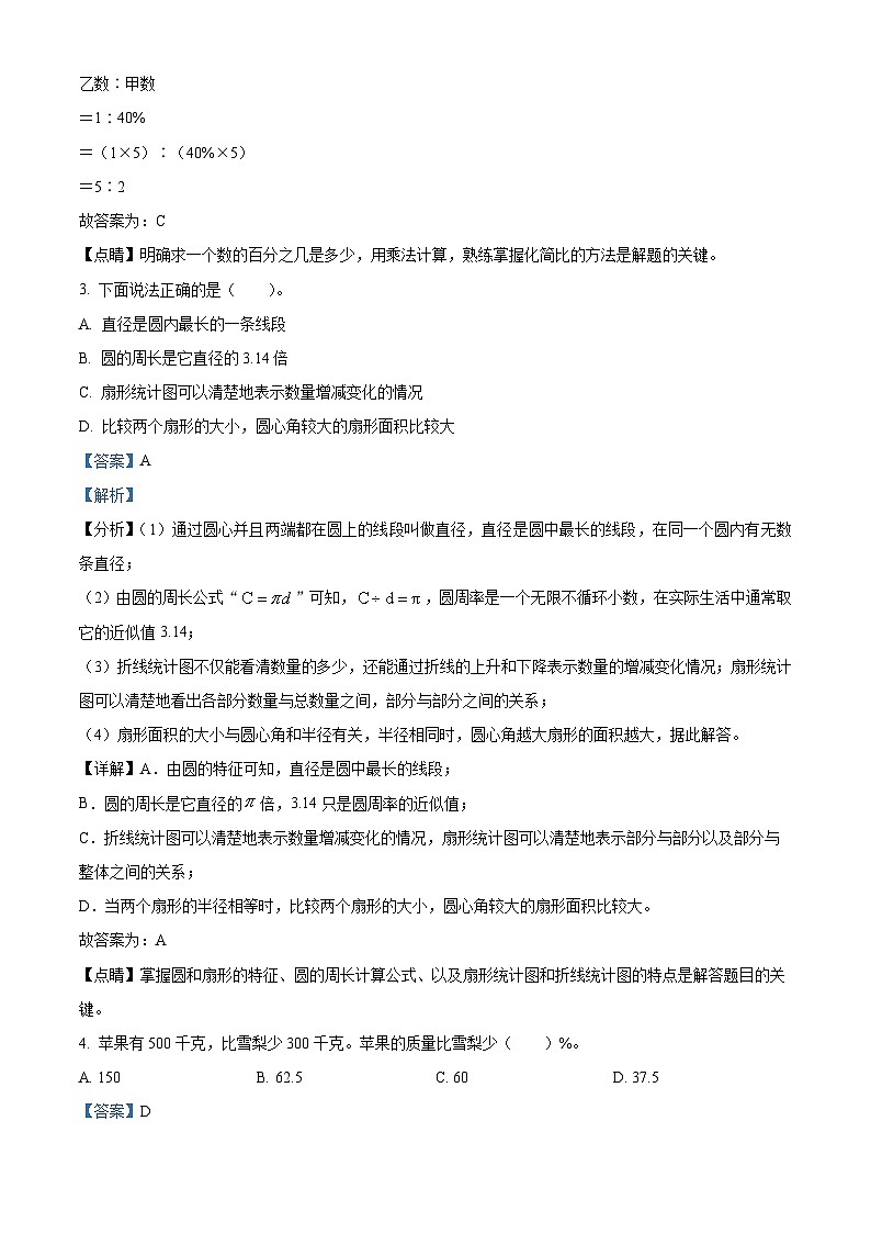 精品解析：2021-2022学年广东省广州市越秀区人教版六年级上册期末测试数学试卷（解析版）第2页