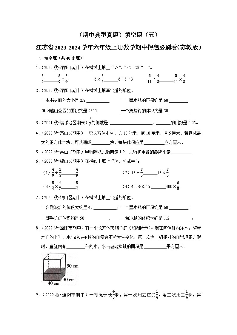 （期中典型真题）填空题（五）-江苏省2023-2024学年六年级上册数学期中押题必刷卷（苏教版）01