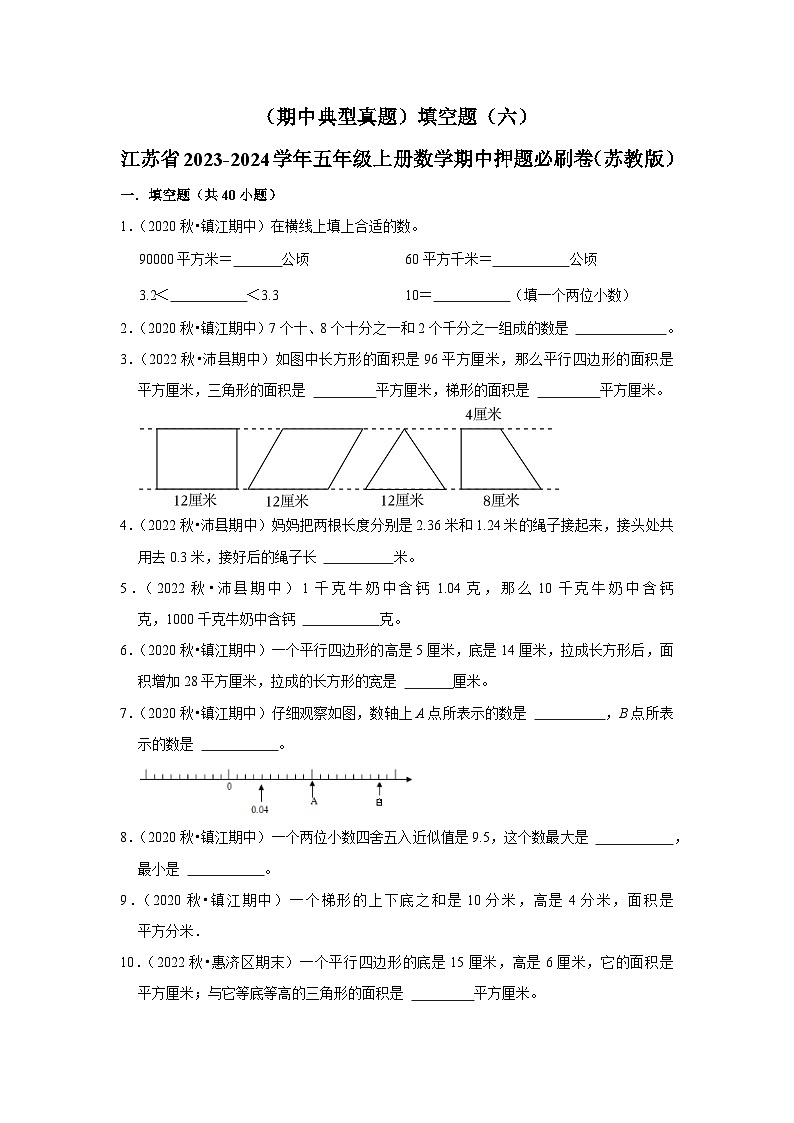 （期中典型真题）填空题（六）-江苏省2023-2024学年五年级上册数学期中押题必刷卷（苏教版）01